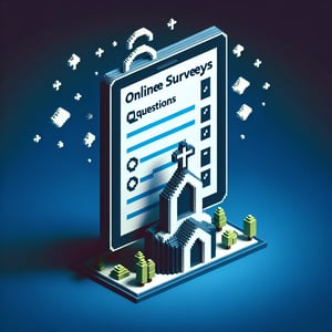 3D voxel art depicting online church survey concept on a dark blue background.