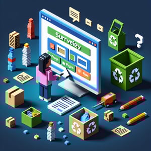 3D voxel art depicting online recycling survey with dark blue background.