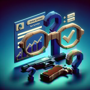 3D voxel art depicting online gun surveys with a dark blue background.
