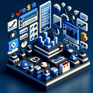 3D voxel art depicting online materialism survey concept on a dark blue background.