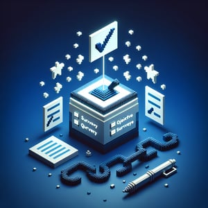 3D voxel art depicting the concept of chain survey objective question surveys on a dark blue background.
