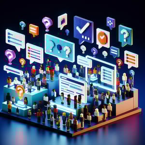 3D voxel art depicting online ethnicity surveys on a dark blue background.