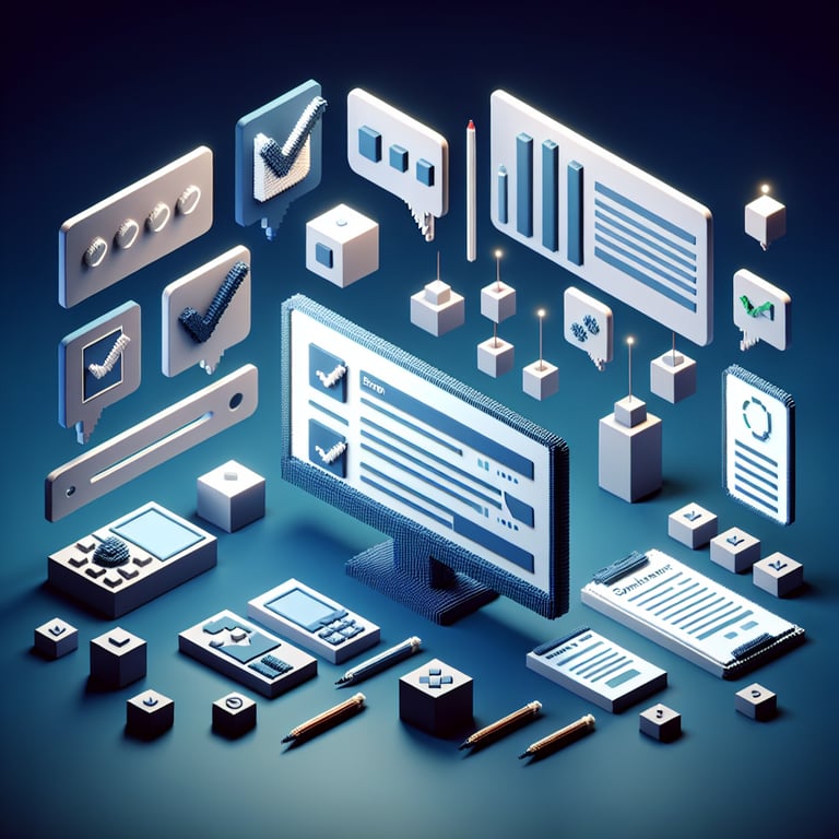 3D voxel art depicting the concept of online software evaluation survey with a dark blue background.