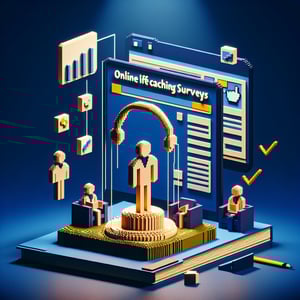 3D voxel art depicting online life coaching survey concept on a dark blue background.