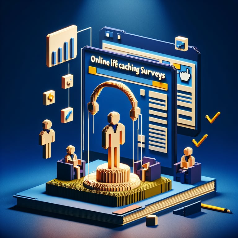 3D voxel art depicting online life coaching survey concept on a dark blue background.