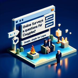 3D voxel art depicting online surveys for couples on a dark blue background.