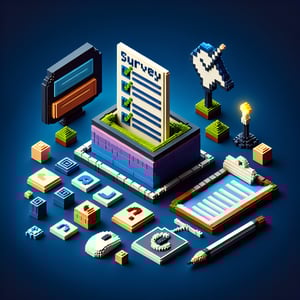 3D voxel art depicting online surveys, symbolizing information technology survey questions.