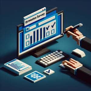 3D voxel art depicting online organizational commitment survey concept on a dark blue background.