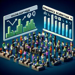 3D voxel art depicting the concept of frequency scale survey questions on a dark blue background.