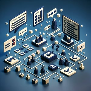 3D voxel art depicting online employee satisfaction survey process on a dark blue background.