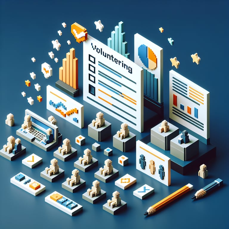 3D voxel art depicting online volunteer survey concept on a dark blue background.