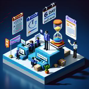 3D voxel art depicting online surveys, suitable for a 60-day post-training survey landing page, with a dark blue background.