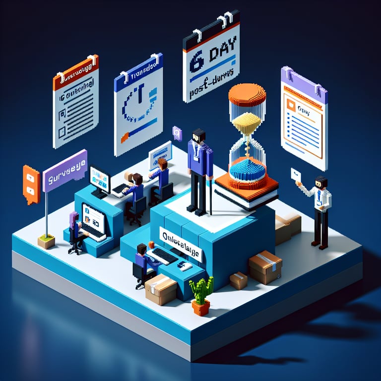 Artistic 3D voxel illustration of a reflective follow-up survey question for 60-day post-training