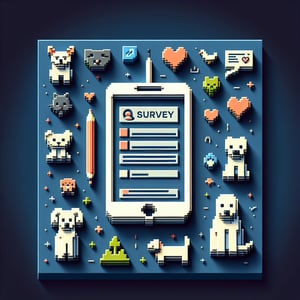 3D voxel art depicting online animal abuse survey concept on a dark blue background.