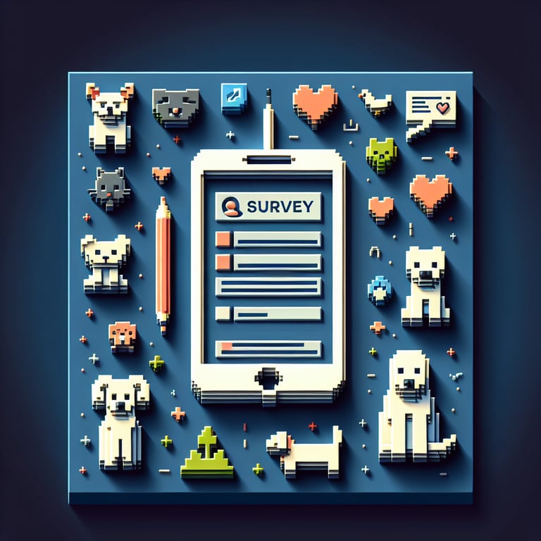 Artistic 3D voxel illustration of an animal cruelty questionnaire on a dark blue scene