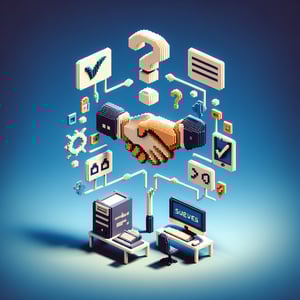 3D voxel art representation of online business surveys on a dark blue background.
