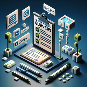 3D voxel art illustrating the concept of online employee benefits survey with a dark blue background.