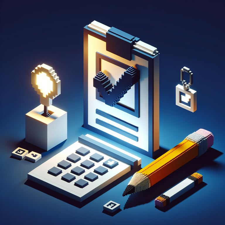 3D voxel art depicting the concept of online surveys for program feedback on a dark blue background.