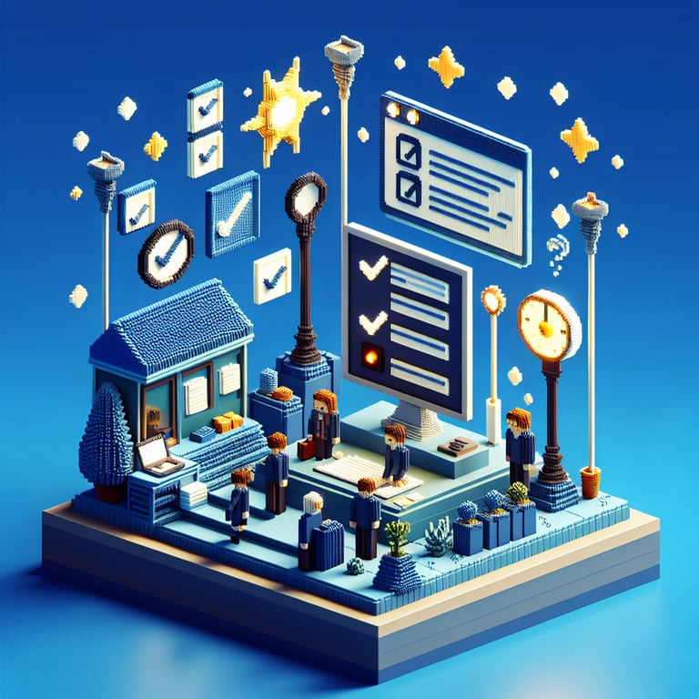 3D voxel art depicting the concept of online guest experience surveys on a dark blue background.