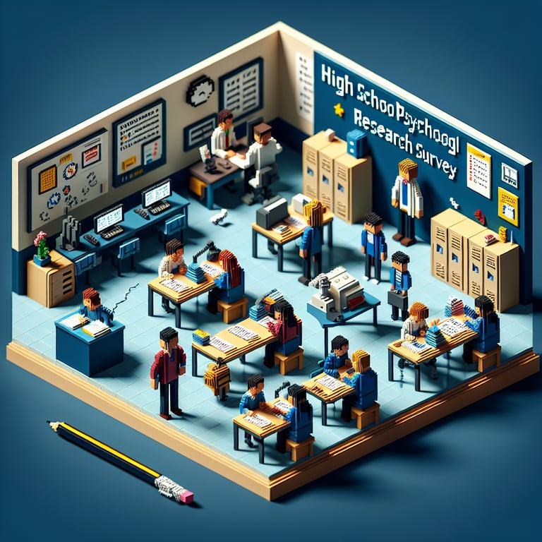 3D voxel art illustrating online high school psychology research surveys on a dark blue background.
