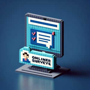 3D voxel art depicting online survey concept on a dark blue background for student computer literacy.