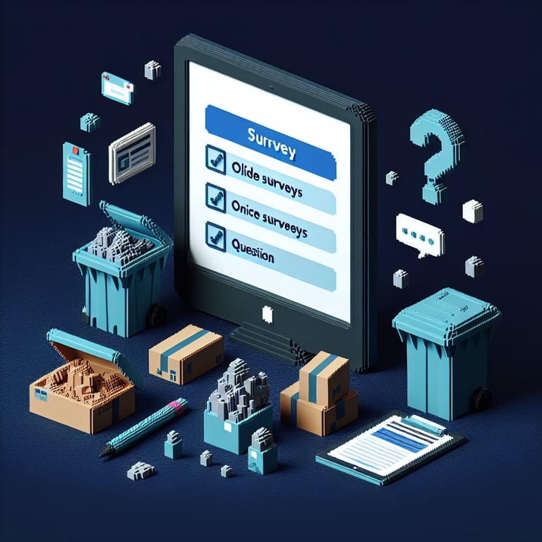 3D voxel art depicting online waste disposal surveys on a dark blue background.