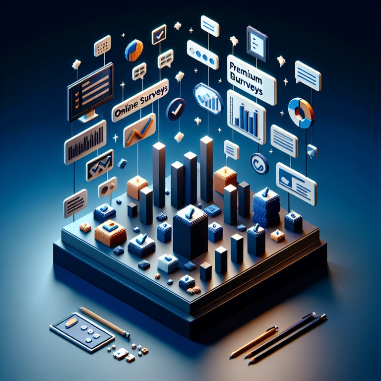 3D voxel art depicting online business surveys, with a dark blue background.