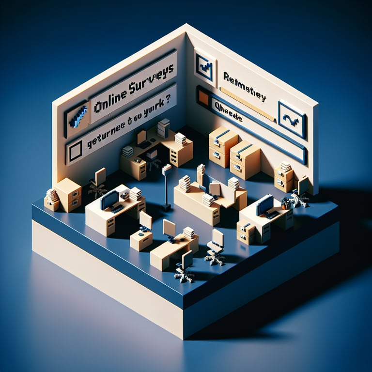 3D voxel art depicting the concept of online return to work surveys on a dark blue background.