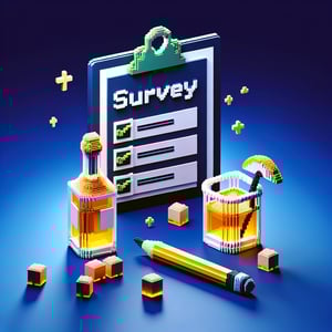 3D voxel art depicting online drink survey concept on a dark blue background.