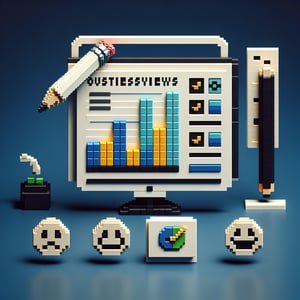 3D voxel art depicting online survey process, symbolizing icass customer satisfaction surveys on a dark blue background.