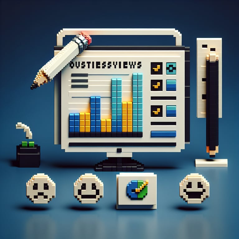 3D voxel art depicting online survey process, symbolizing icass customer satisfaction surveys on a dark blue background.