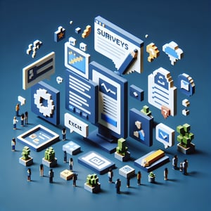 3D voxel art illustrating the concept of online surveys for virtual training, set against a dark blue background.