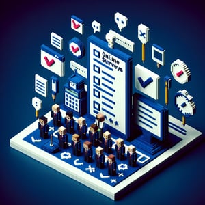 3D voxel art depicting online surveys, emphasizing questions for teachers about principal surveys, on a dark blue background.