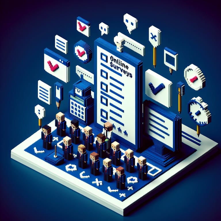 3D voxel art depicting online surveys, emphasizing questions for teachers about principal surveys, on a dark blue background.