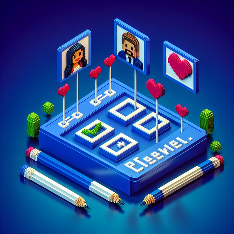 3D voxel art depicting online bachelorette surveys with dark blue background.