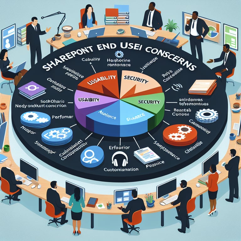 Illustration highlighting key topics to consider in SharePoint End User survey questions.