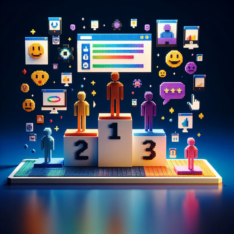 3D voxel art depicting online survey concept, emphasizing birth order and personality queries on a dark blue background.
