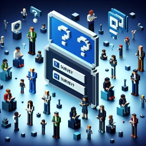 3D voxel art illustrating online consumer surveys related to social media advertising.