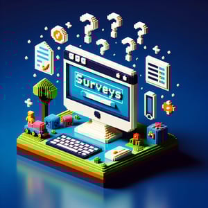 3D voxel art depicting online surveys on adverse childhood experiences with a dark blue background.