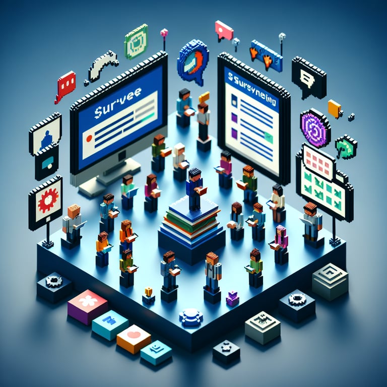 Artistic 3D voxel rendering of student social media impact survey interface