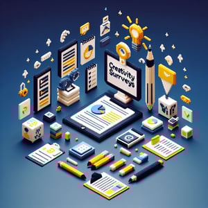 3D voxel art illustrating the concept of online creativity surveys on a dark blue background.