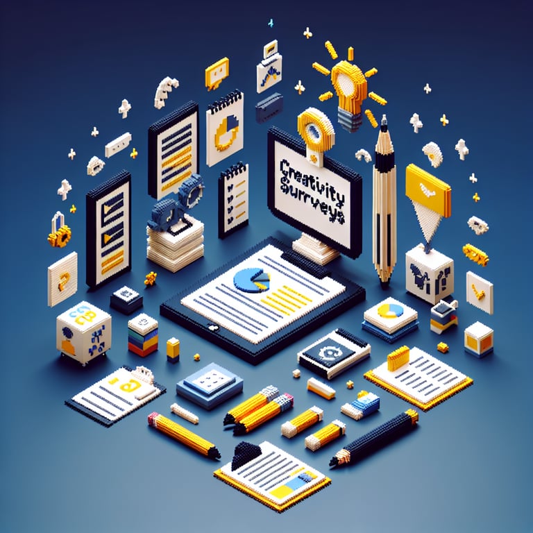 3D voxel art illustrating the concept of online creativity surveys on a dark blue background.