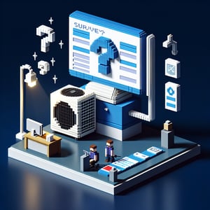 3D voxel art depicting online HVAC surveys with a dark blue background.