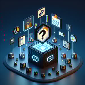 3D voxel art depicting online blockchain surveys against a dark blue background.