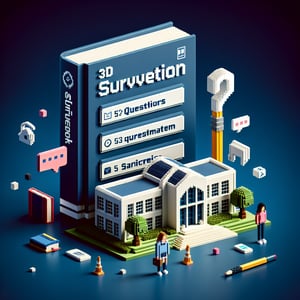 3D voxel art depicting online survey concept on a dark blue background for high school yearbook.