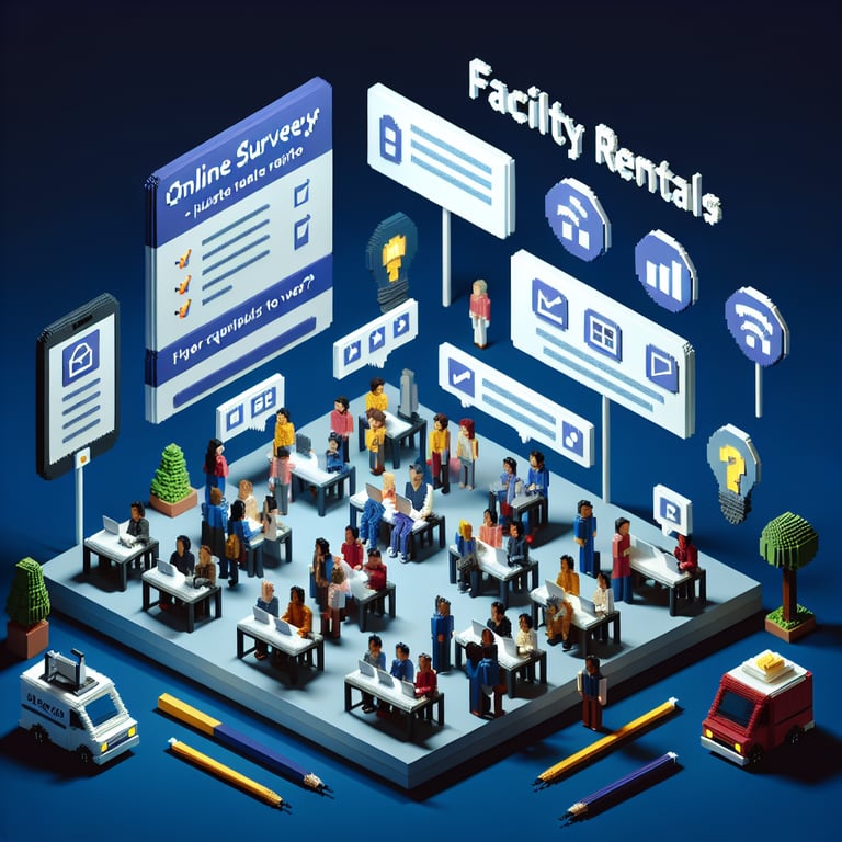 3D voxel art depicting online facility rental survey process on a dark blue background.