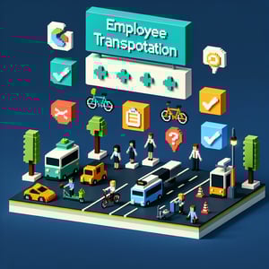 3D voxel art depicting the concept of online employee transportation surveys on a dark blue background.