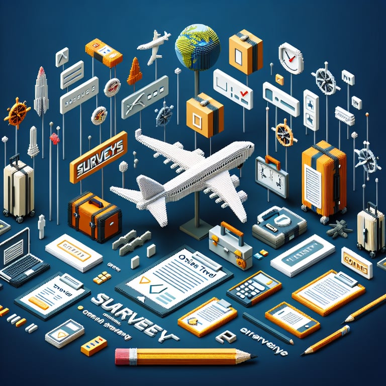 3D voxel art depicting online travel surveys with a dark blue background.