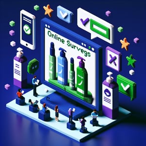 3D voxel art depicting an online shampoo survey with engaging elements on a dark blue background.