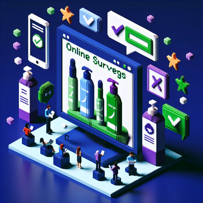 3D voxel art illustrating a dynamic shampoo questionnaire interface on a navy background.